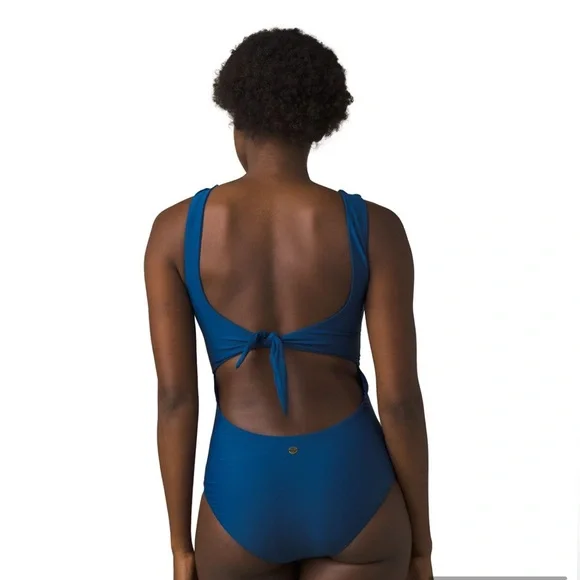 NWOT prAna Corinne One Piece Swimsuit Indigo Blue Size Medium Cut Out High Neck - Picture 3 of 9